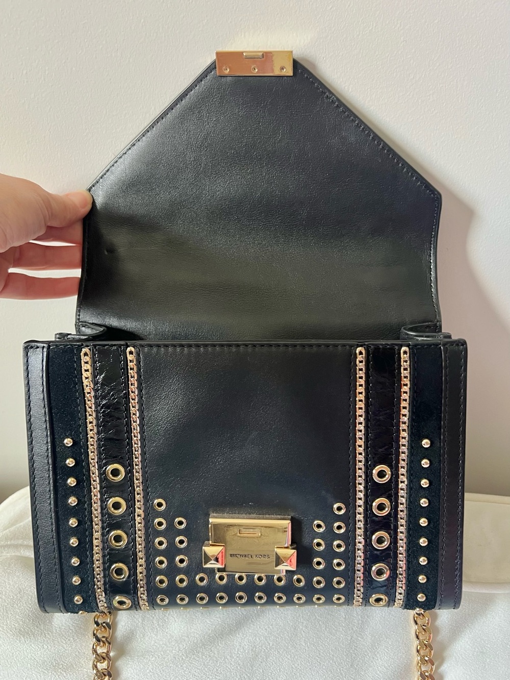 Michael Kors Whitney Black Leather Studded Grommet Chain Shoulder Crossbody Bag - Picture 9 of 14